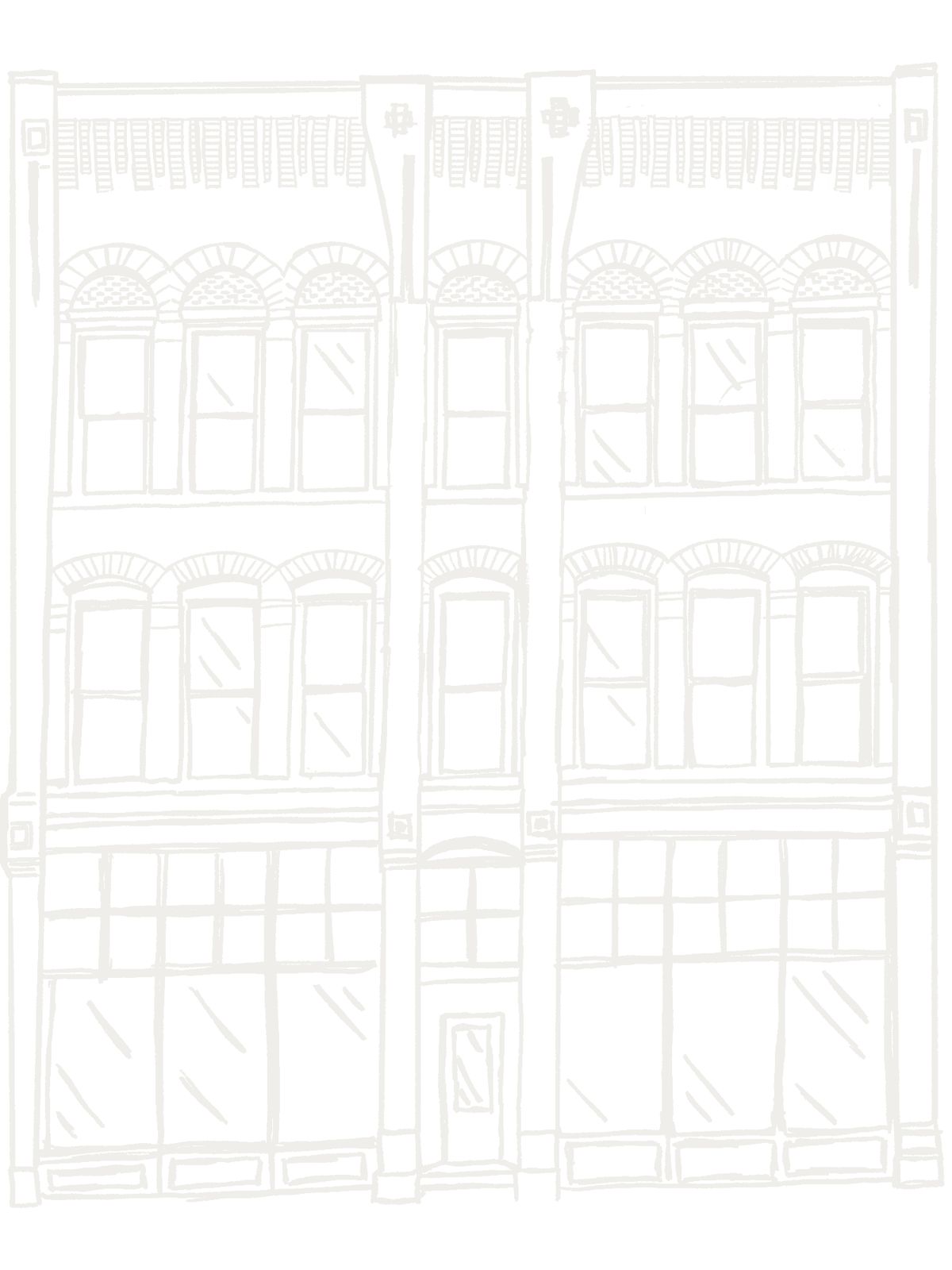 A linen illustration of a new-city Rêve building: the North Loop expansion motif.